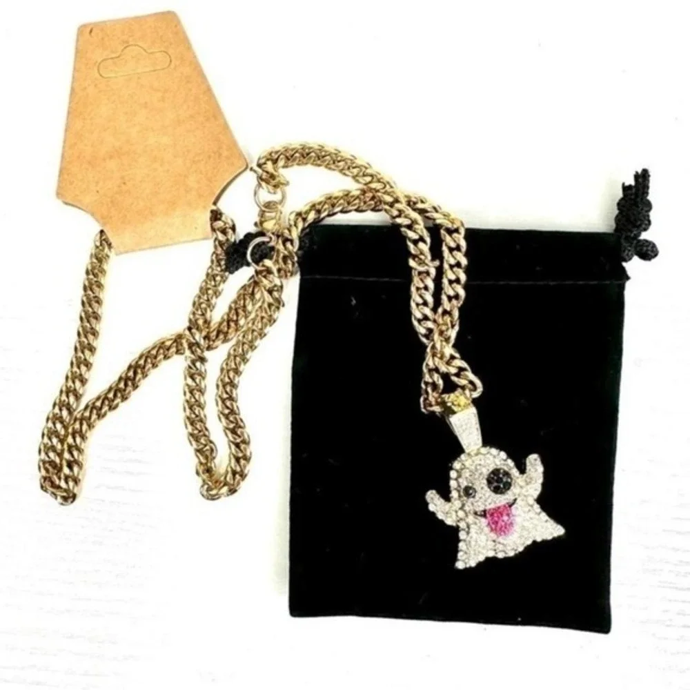 Crystal Ghost Pendant Necklace Jewelry Gold Colored Chain Whimsical Rhinestone‎